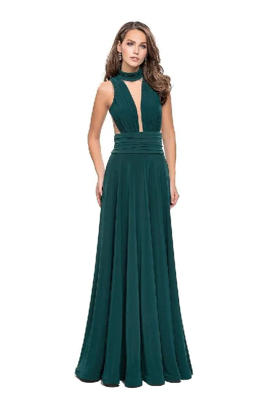 La Femme - 25568 Ruched High Neck Open Back Dress