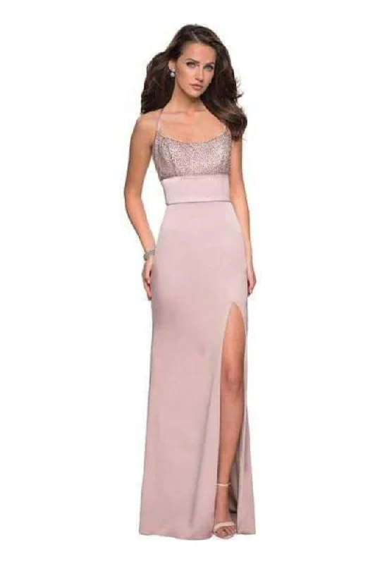 La Femme - 27274 Beaded Halter Sheath Satin Dress