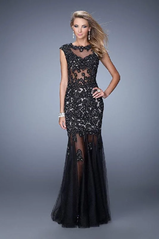 La Femme Gigi - Embellished Illusion Bateau Trumpet Dress 21318SC - 1 pc Black/Nude In Size 4 Available