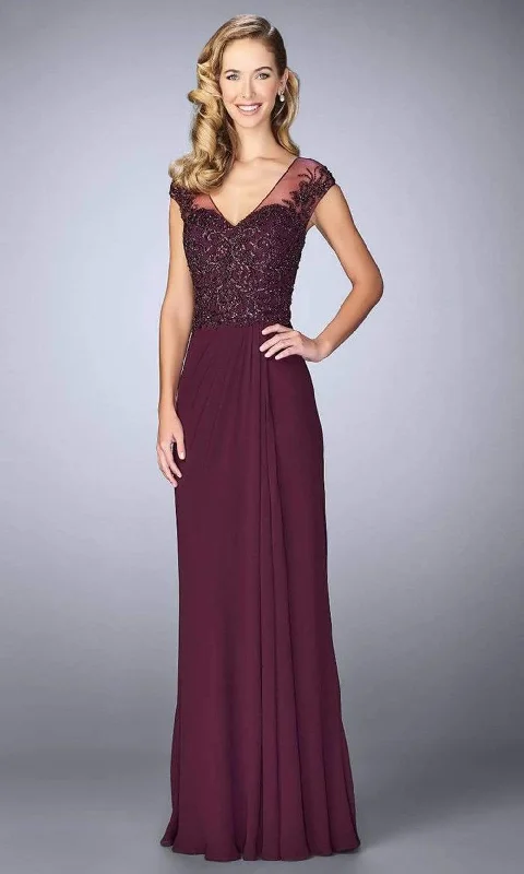 La Femme - Illusion V-Neck Beaded Bodice Sheath Dress 23316SC - 1 pc Eggplant In Size 14 Available