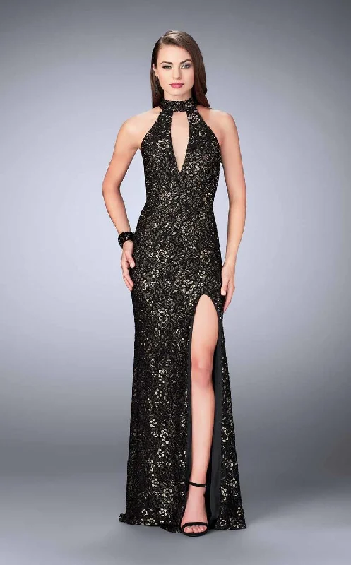 La Femme - 24439 Lace Halter Long Evening Gown with Sultry Keyhole Opening