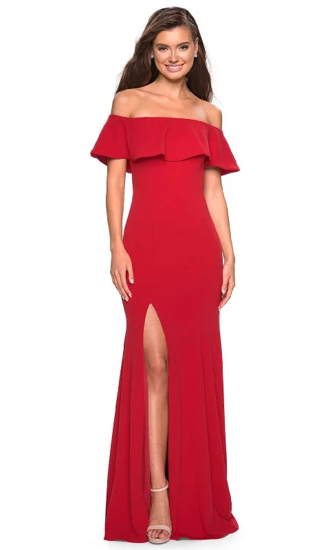 La Femme - Ruffled Off Shoulder High Slit Trumpet Dress 27096SC - 1 pc Black In Size 4 and 1 pc Red in Size 2 Available