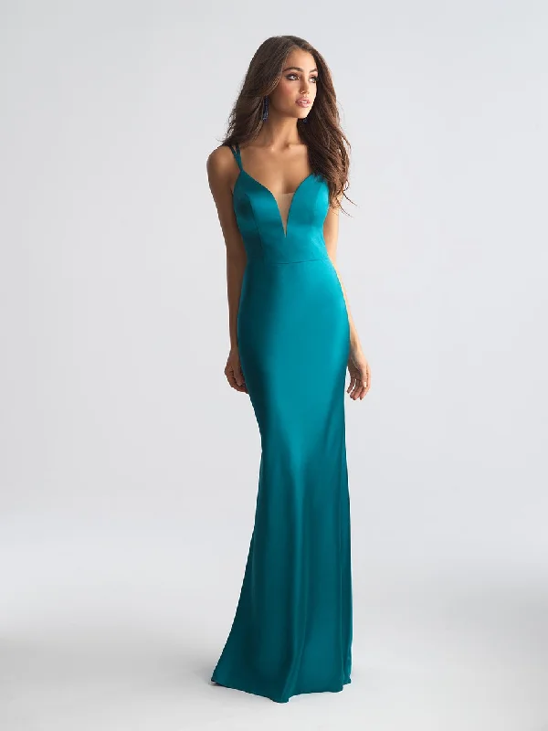 Madison James - Deep V-neck Stretch Satin Sheath Dress 18-723 - 2 pcs Teal In Size 6 and 8 Available