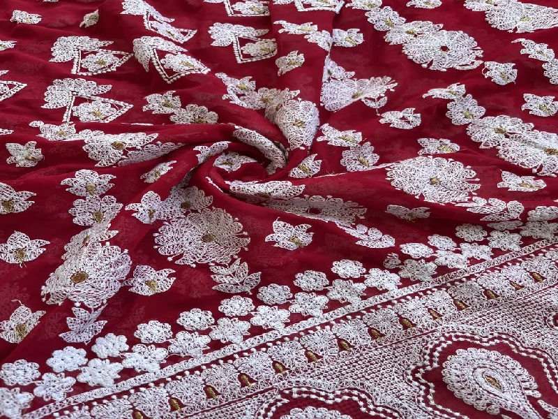 Magenta White Lakhnawi Embroidered Georgette Fabric