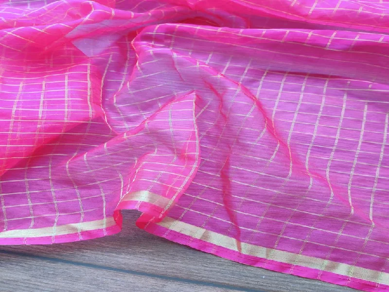 Magenta With Golden Banarsi Checks and Double Sided Border Organza