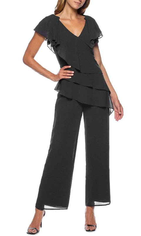 Marina 267962 - Ruffled V-Neck Crepe Jumpsuit