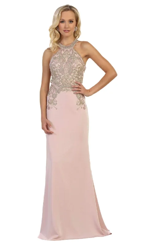 May Queen - Gilded Halter Neck Trumpet Dress MQ1538 - 1 pc Blush In Size 2 Available