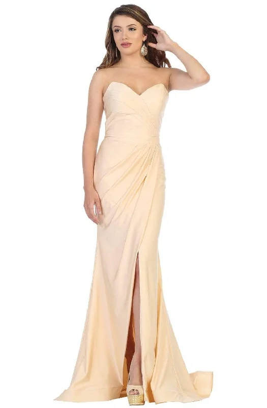 May Queen - MQ1718 Strapless Sweetheart Draping High Slit Dress