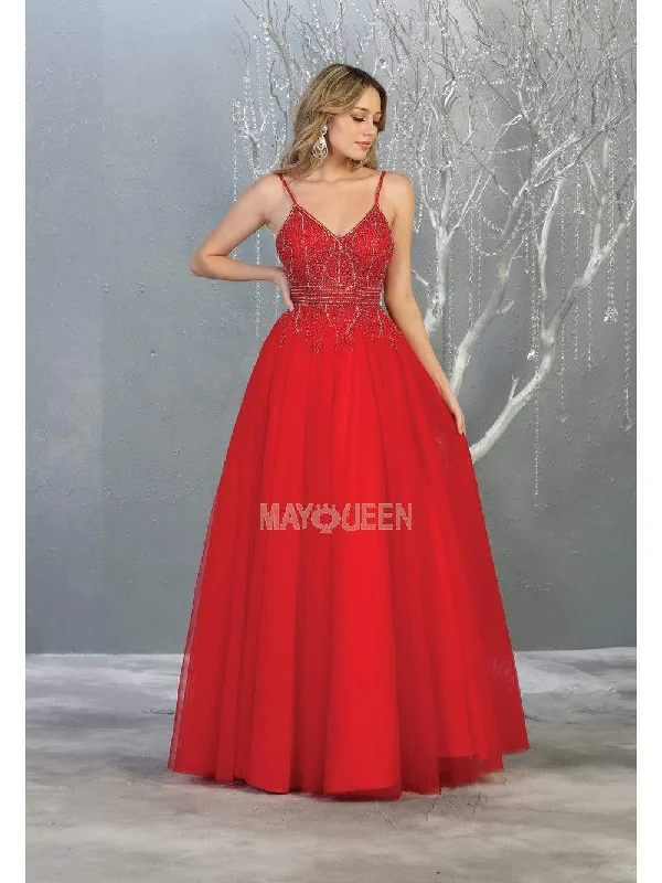 May Queen - RQ7841 Bead Embellished Deep V-Neck A-Line Dress