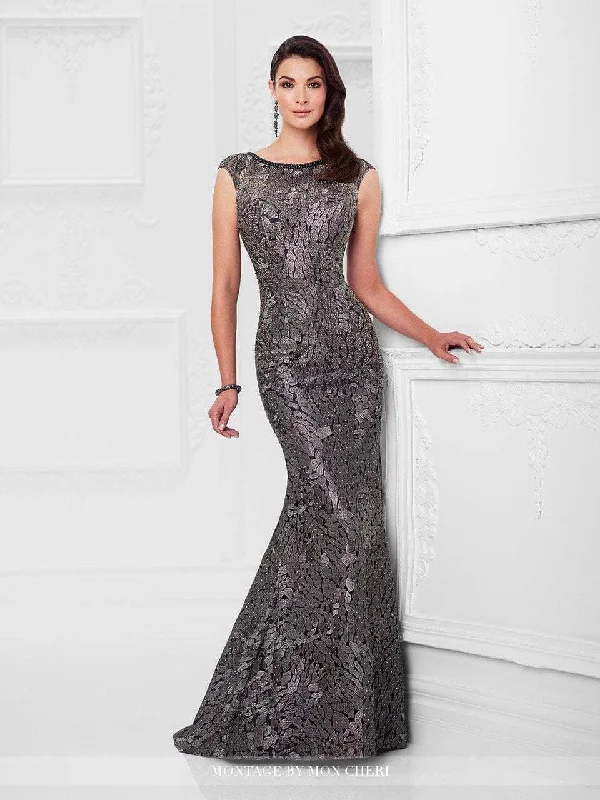 Mon Cheri Embroidered Beaded Bateau Trumpet Dress in Pewter 117922