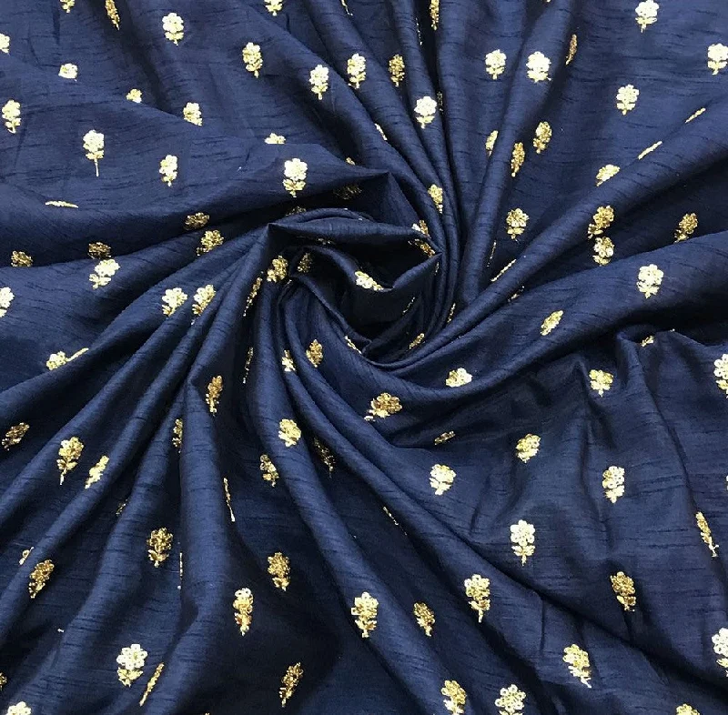 Navy Blue Flower Butti Embroidered Viscose Dola Silk Fabric