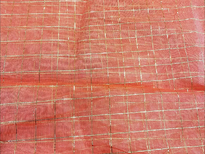 Peach Golden Checks Chanderi Fabric