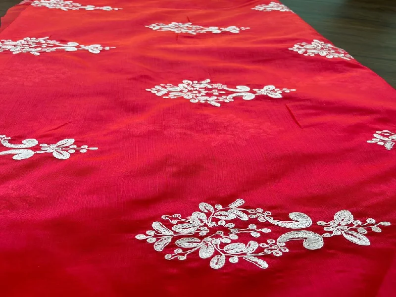 Pink Orange Dual Shaded With White Dori Embroidered Motifs Chanderi Fabric