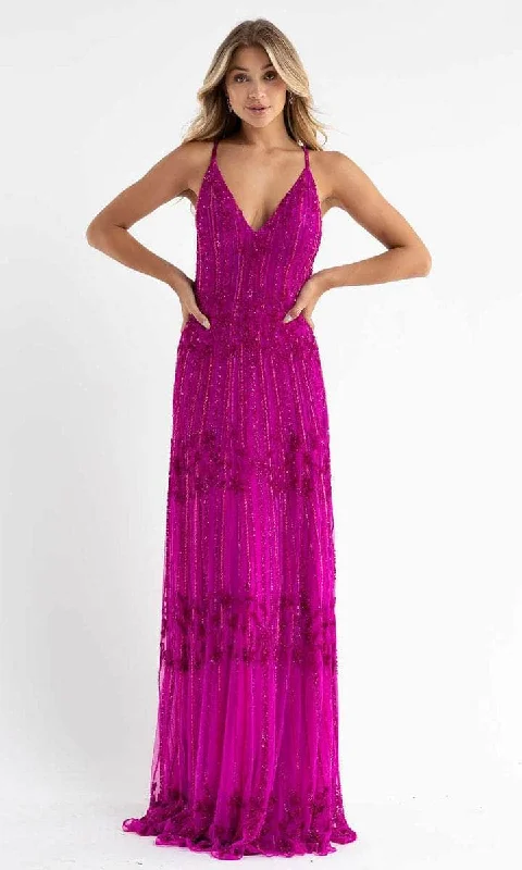 Primavera Couture - 3762 Fully-Beaded Plunging V-neck Prom Dress - 1 pc Fuchsia in Size 8 Available