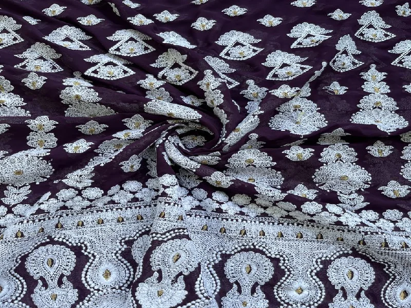 Purple White Lakhnawi Embroidered Georgette Fabric