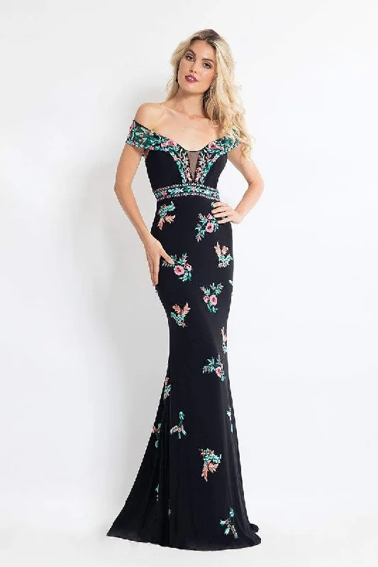 Rachel Allan Embroidered Illusion Off Shoulder Dress 6056