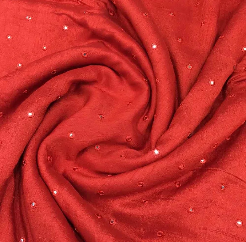 Red Mirror Work Embroidered Viscose Dola Silk Fabric