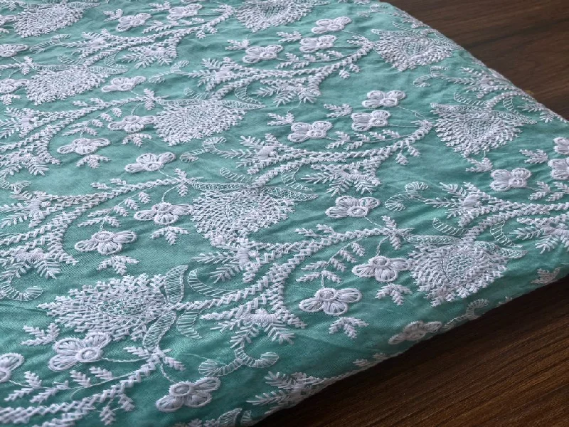 Sea Green White Flowers Embroidered Chikankari Chanderi Fabric