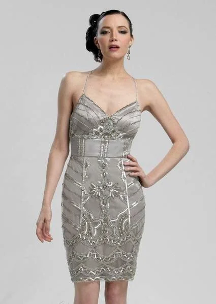 Sue Wong - V-neck Beaded Sheath Dress N3213 - 1 pc Platinum In Size 6 Available