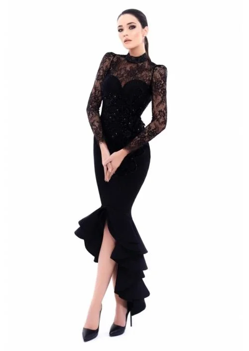 Tarik Ediz - Embellished High Neck High Low Ruffled Dress 93318 - 1 pc Black In Size 2 Available