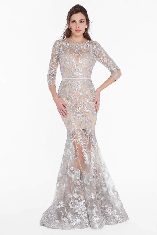 Terani Couture - Embroidered Sheer Jewel Trumpet Dress 1822GL7509 - 1 pc Silver Nude In Size 8 Available