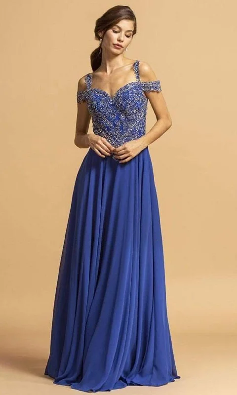 Trevi Collection - L2154 Beaded Cold Shoulder Chiffon Dress