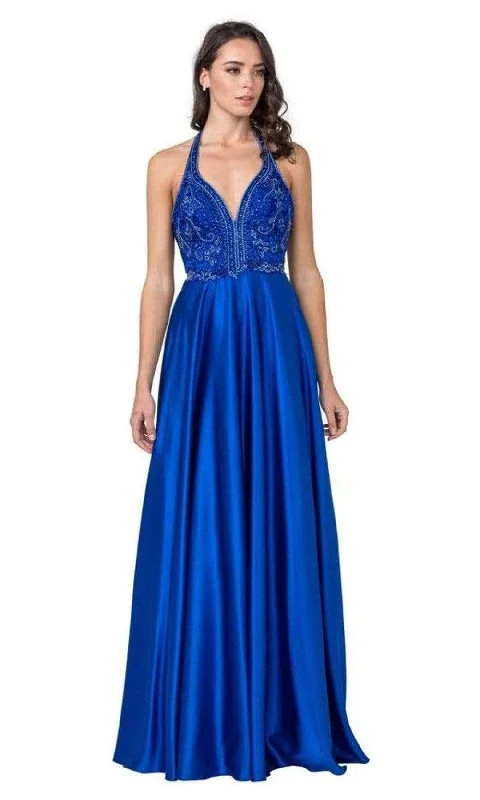 Trevi Collection - L2405 Ornate Plunging Halter Satin Dress