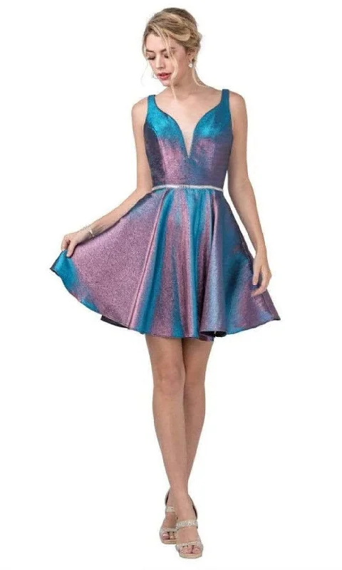 Trevi Collection - S2283 Metallic Plunging Sweetheart A-Line Dress