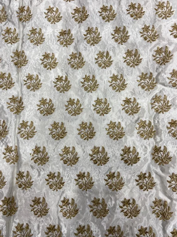 White Dyeable Leaves Embroidered Viscose Gaji Silk Fabric