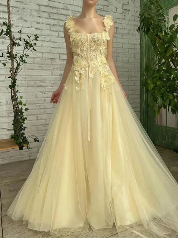 A Line Yellow Lace Floral Long Prom Dresses, Yellow Formal Evening Dresses with Lace Appliques SP2987