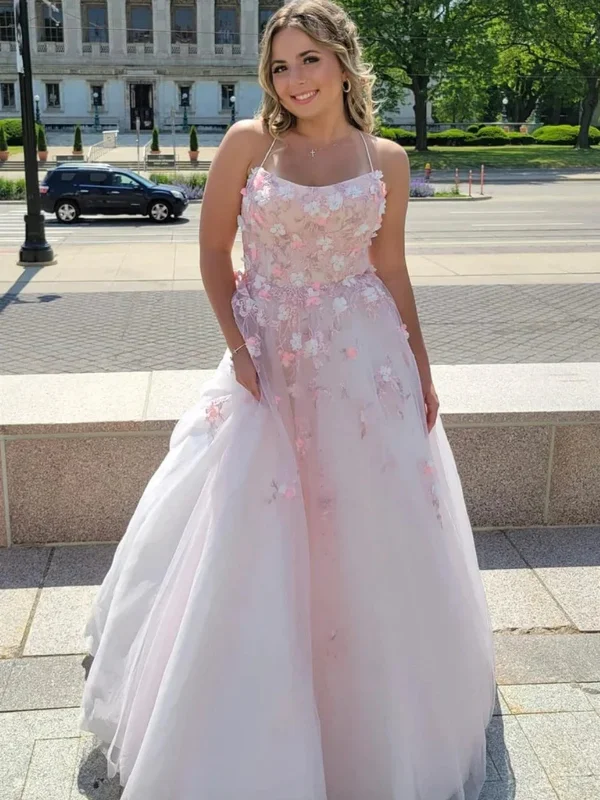 Backless Pink Lace Floral Long Prom Dresses, Pink Lace Formal Dresses, Long Pink Evening Dresses with Appliques SP2803