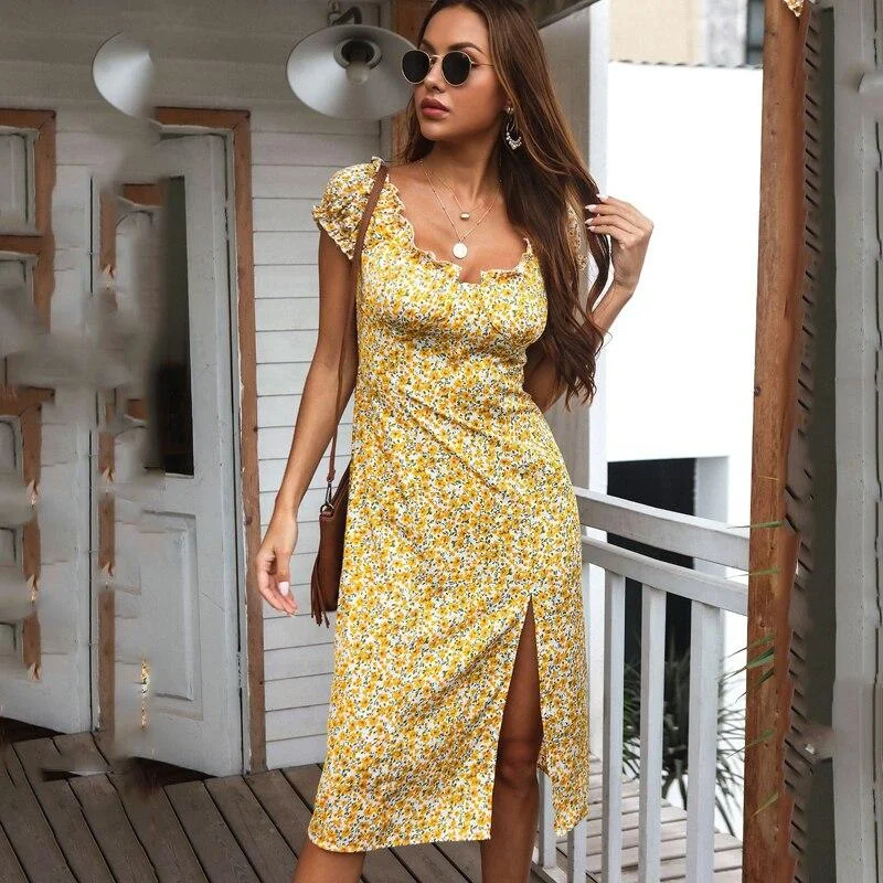 Beach Print Boho Yellow Long Split Dress