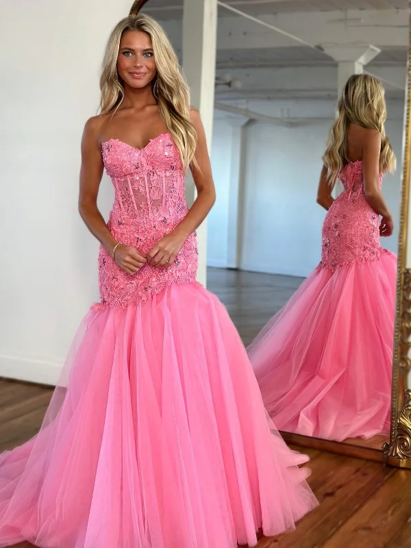 Gorgeous Strapless Mermaid Pink Lace Floral Long Prom Dresses, Mermaid Pink Formal Evening Dresses, Pink Lace Ball Gown SP2547