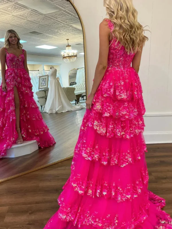 Hot Pink Lace Floral Long Prom Dresses with High Split, Layered Hot Pink Lace Formal Graduation Evening Dresses SP2868