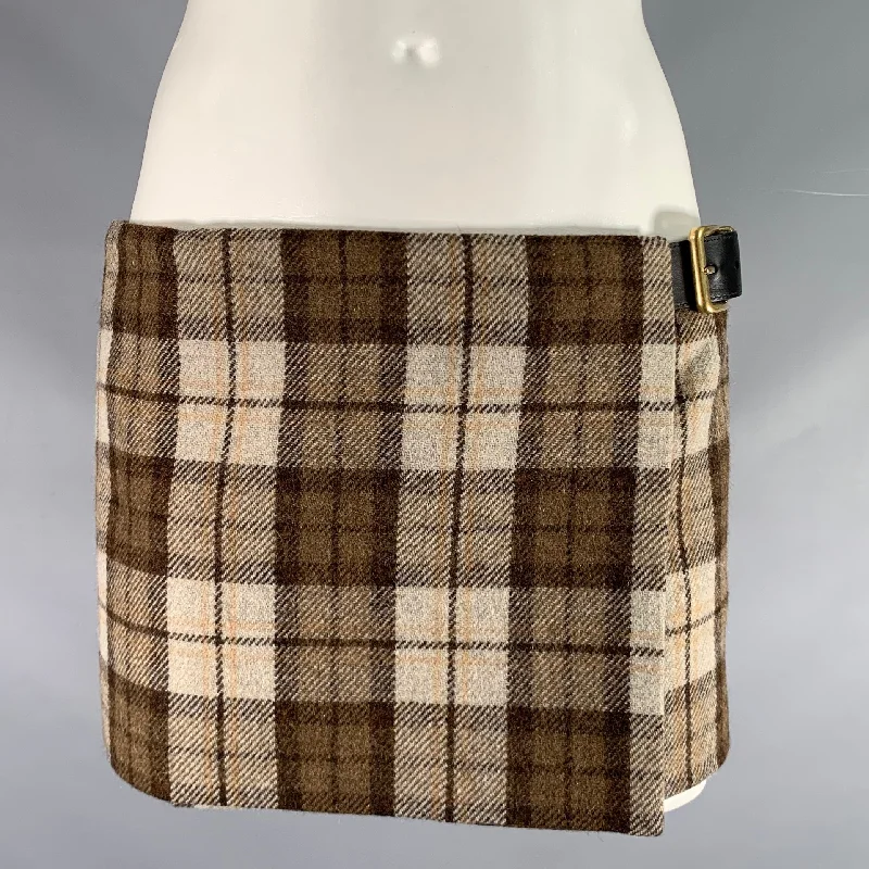 MIU MIU Size 2 Beige Brown Wool Blend Plaid Leather Mini Skirt