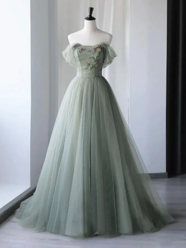 Off Shoulder Green Tulle Floral Long Prom Dresses, Off the Shoulder Formal Dresses, Green Evening Dresses with 3D Flowers SP2671