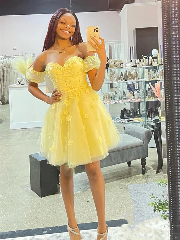 Off Shoulder Yellow Lace Floral Prom Dresses, Yellow Lace Homecoming Dresses, Short Yellow Formal Evening Dresses SP2448