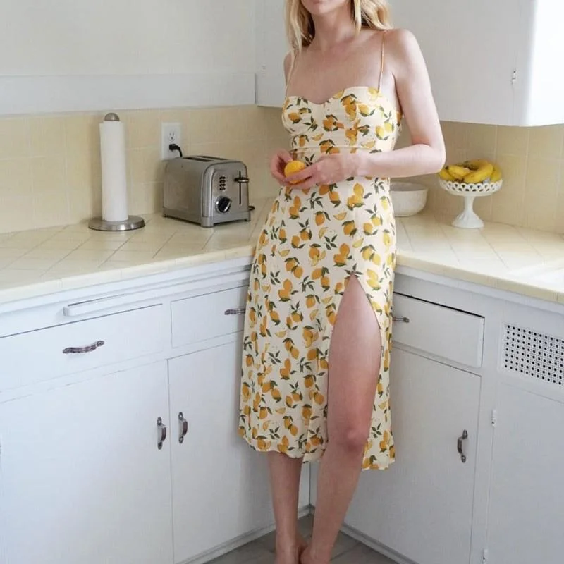 Printed Lemon Split Slip Dress