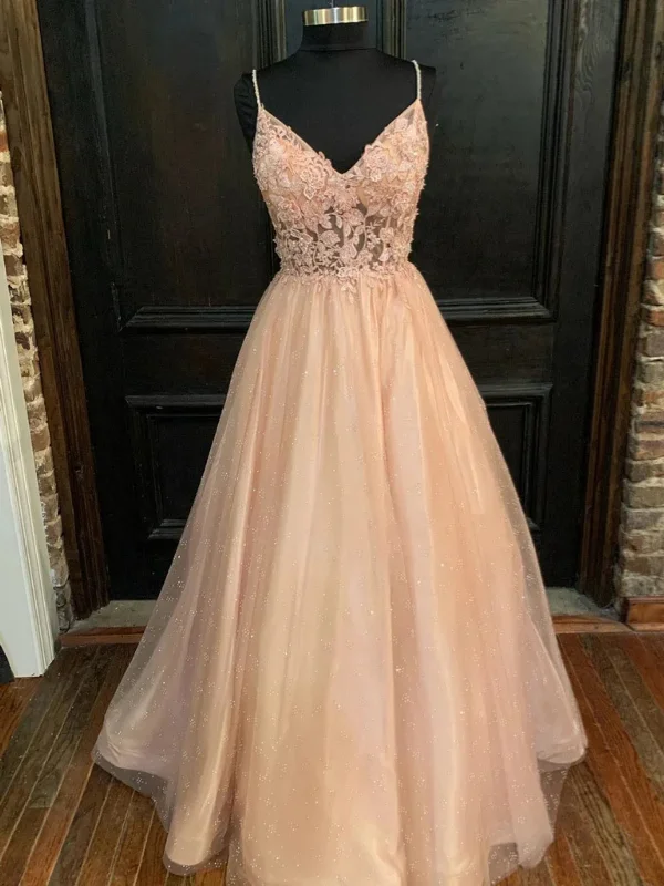 Shiny A Line V Neck Pink Floral Long Prom Dresses, Pink Lace Formal Dresses, Pink Evening Dresses SP2890