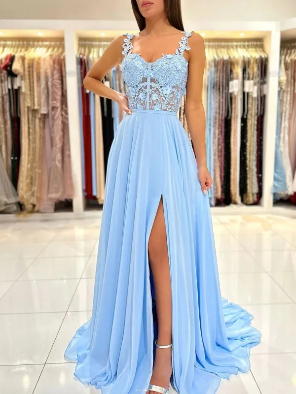 Sweetheart Neck Blue Lace Floral Long Prom Dresses with High Slit, Blue Lace Formal Graduation Evening Dresses SP2539