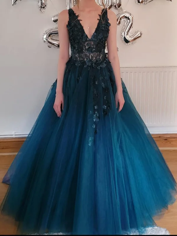 V Neck Open Back Beaded Blue Lace Long Prom Dresses, Blue Lace Floral Formal Dresses, Blue Evening Dresses SP2652