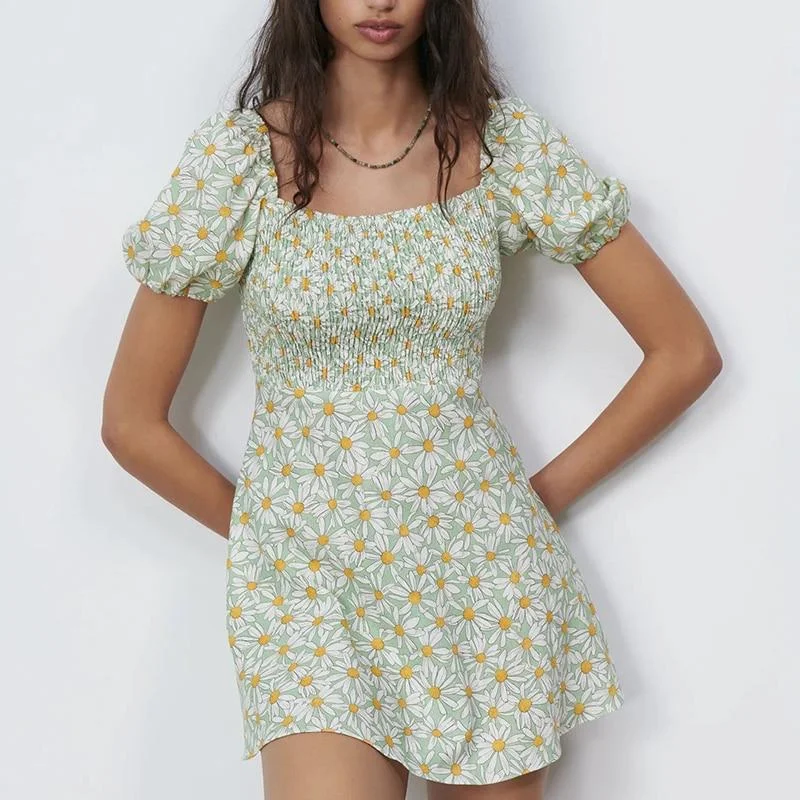 Summer Women Dress Floral Printed Puff Short Sleeve Casual