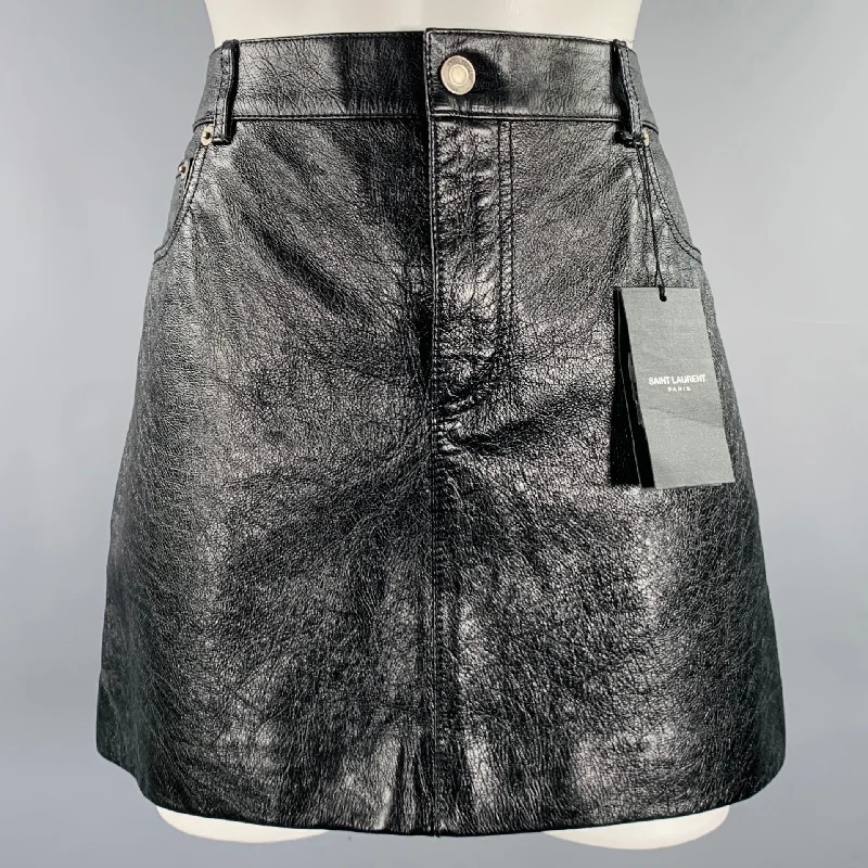 SAINT LAURENT Size 10 Black Calfskin Leather Mini Skirt