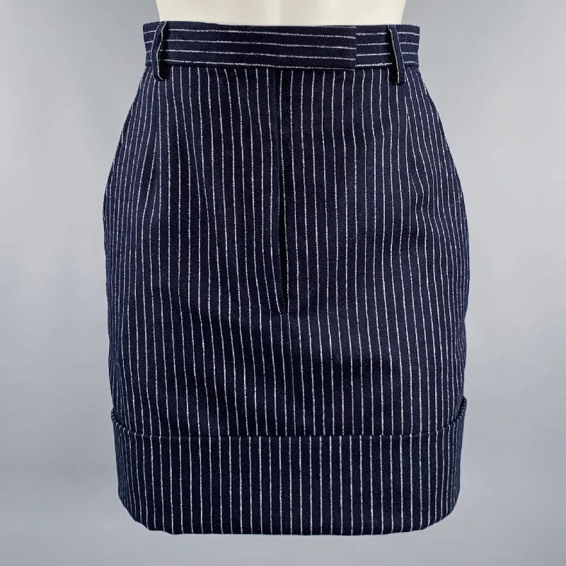 THOM BROWNE Size 0 Navy White Wool Cashmere Pinstripe Cuffed Mini Skirt