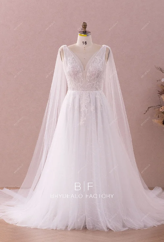 Beaded Lace Plunging Shoulder Veil A-line Wedding Dress