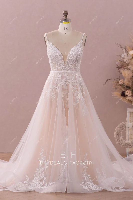 Champagne Glitter Sleeveless Wholesale Lace A-line Bridal Dress