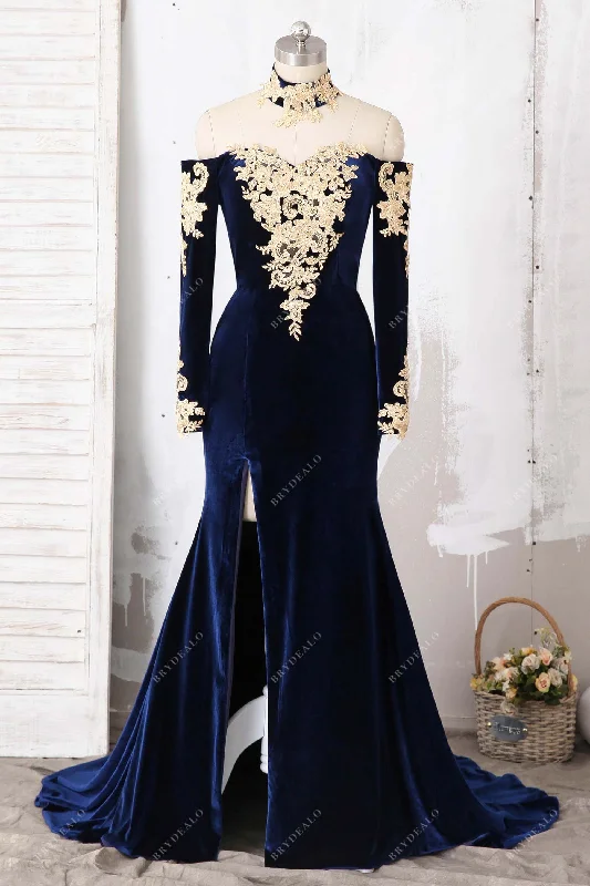 Navy Velvet Gold Lace Choker Mermaid Prom Dress