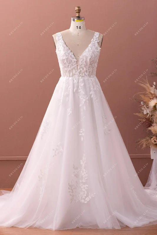 Plunging Neck Leaf Lace Tulle Wholesale Wedding Ball Gown