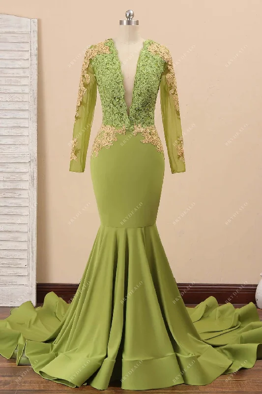 Plunging V-neck Moss Lace and Jersey Mermaid Prom Dress