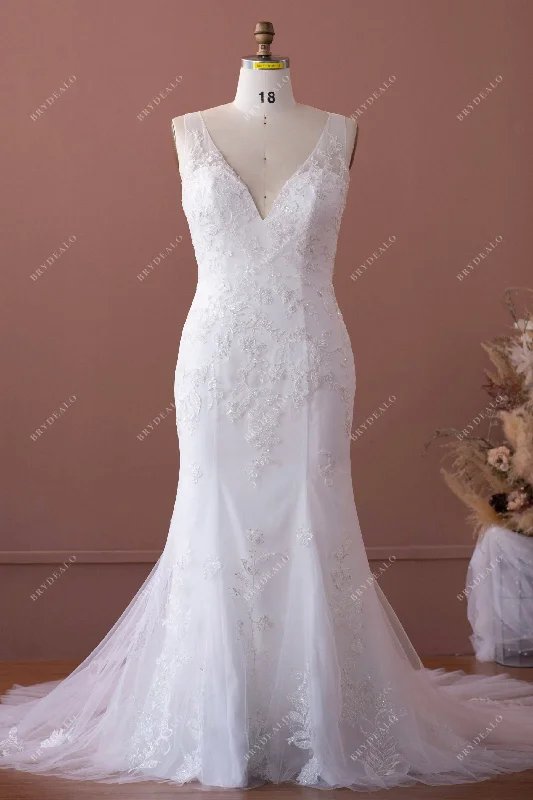 Plus Size Beaded Lace Plunging Mermaid Wedding Dress